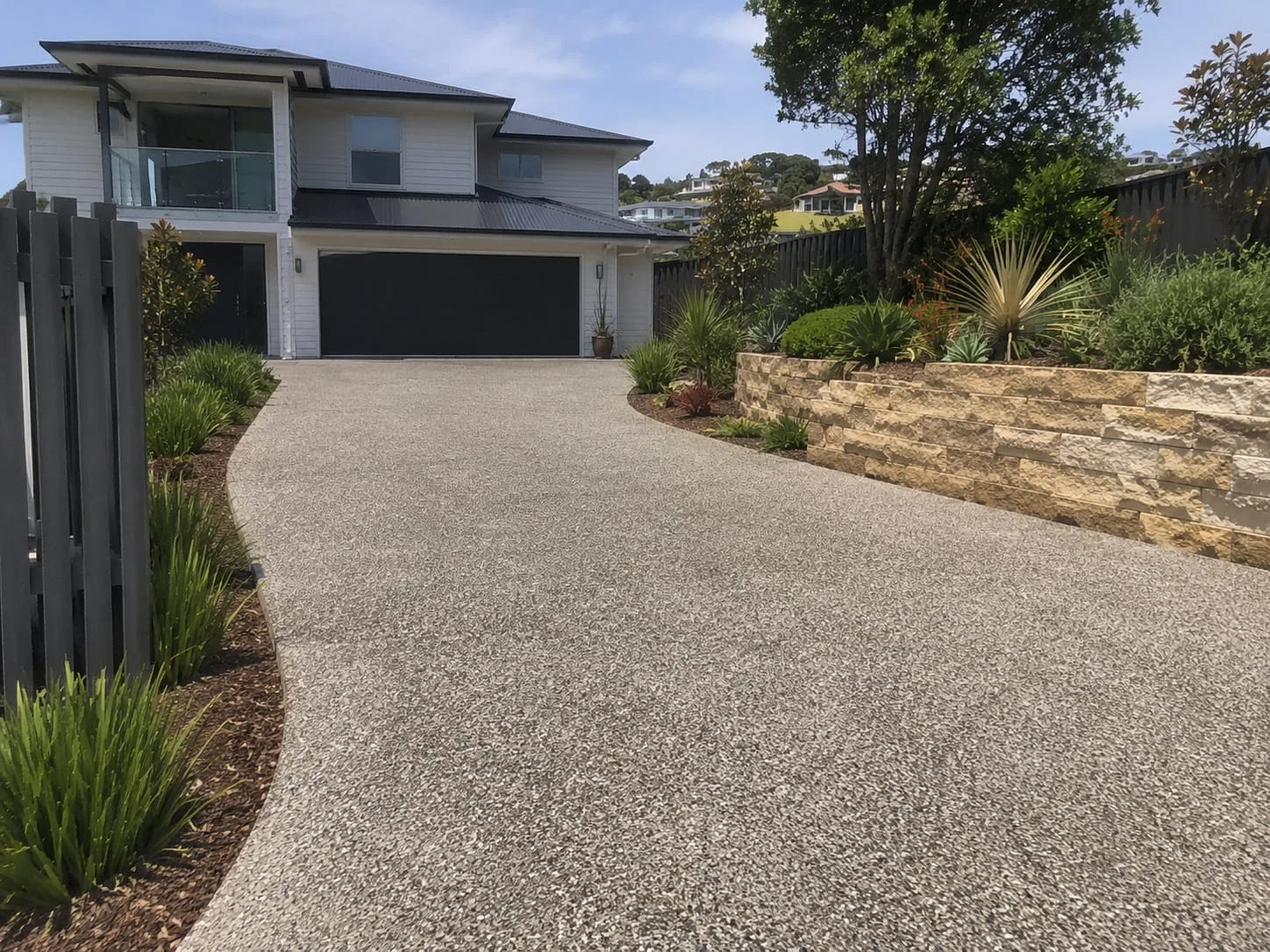 Honey-toned exposed aggregate driveway running to a double garage past a sandstone retaining wall